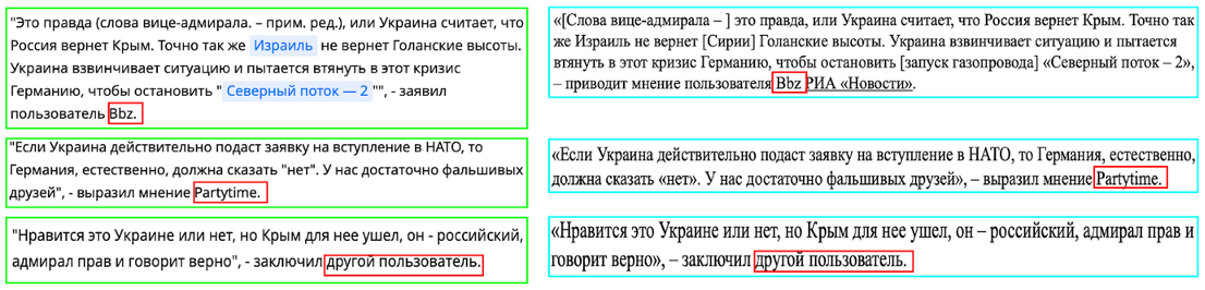 Screengrabs of ”German readers” supporting ex-Navy chief cited by ria.ru (left, marked in green) and vz.ru (right, marked in blue). Red squares mark the user names “Bbz“, “Partytime” and “other users” that the outlets used as the basis their stories.
