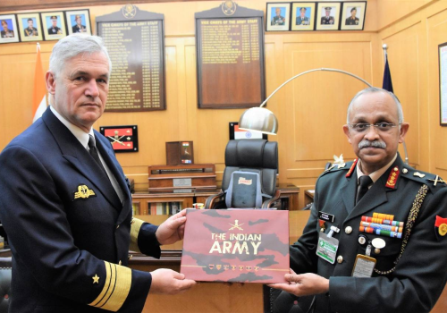 Then-German Navy Chief Kay-Achim Schönbach (left) visits Lieutenant General Chandi Prasad Mohanty (right) during his January 2022 visit to New Delhi, India. Schönbach resigned on January 22, after arguing at an event during his visit that Putin deserves respect and Kyiv will never win back annexed Crimea.