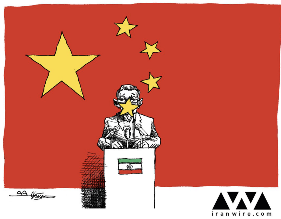 Cartoon depiction of the Twitter spat, showing Jahanpour silenced by a star in the Chinese flag. The spat was emblematic of China’s intolerance for the slightest criticism. Cartoon by Mana Neyestani for IranWire on April 6, 2020.
