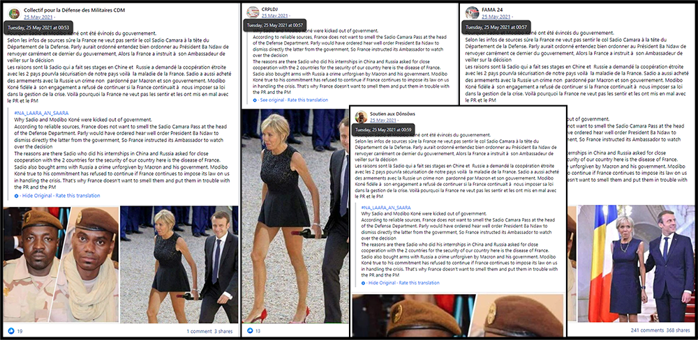 A collection of screengrabs from Facebook pages in the network shortly after Goïta’s second coup. The posts share claims that France had imposed the sacking of two Malian cabinet ministers due to their ties with Russia and China.