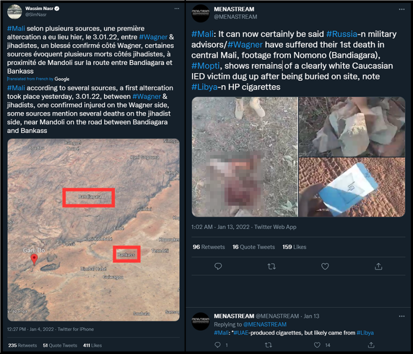 Screengrabs of two tweets referring to the death of a suspected Wagner mercenary near Bandiagara, notably based on the Libyan brand cigarettes found on his person. 