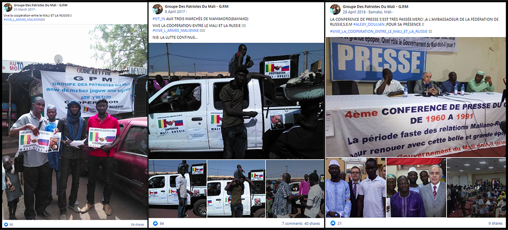 Screengrabs from one of the GPM Facebook pages showing Dicko canvassed support for a Mali-Russia cooperation in March 2017. In April 2018, Russian ambassador Alexei Doulian and his staff appeared at press briefings organized by GPM. 