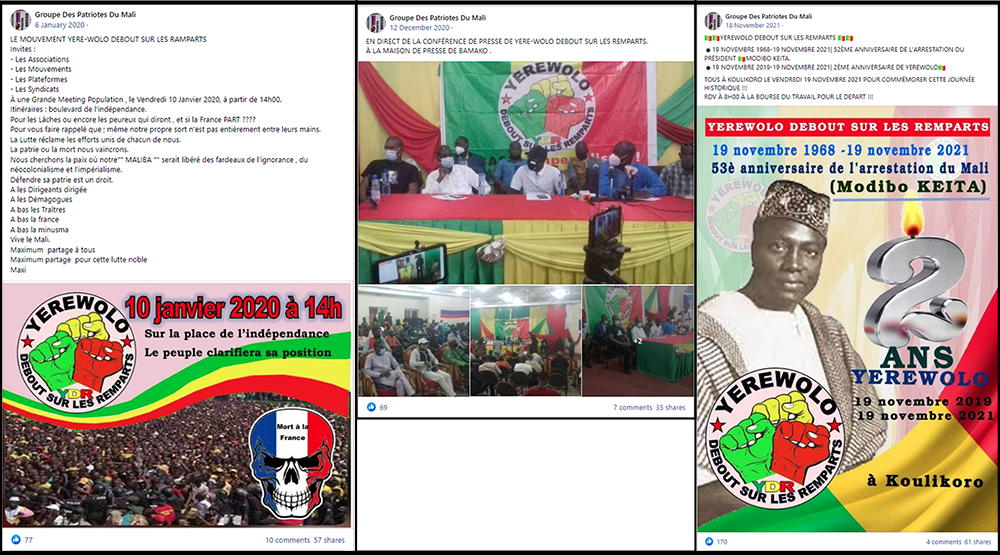 Screengrabs of several posts showing GPM promoting a Yerewolo march before it had its own Facebook page (left) and posts in which GPM shared content promoting Yerewolo.