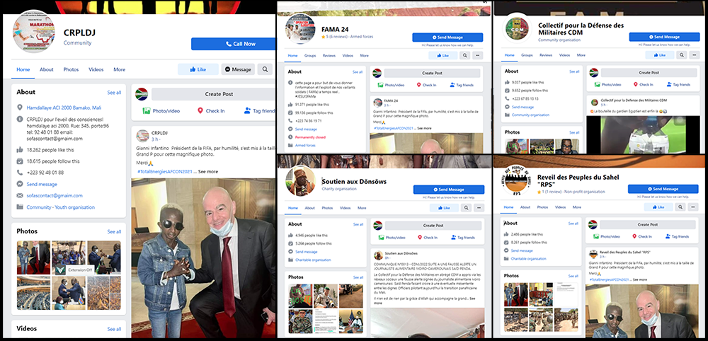 Screengrabs of the homepages of the Facebook pages in the network. CRPLDJ (left), FAMA 24 (top center), Soutien aux Donsows (bottom center), Collectif pour la Defence des Militaires CDM (top right), and Reveil des Peuples du Sahel RPS (bottom right).