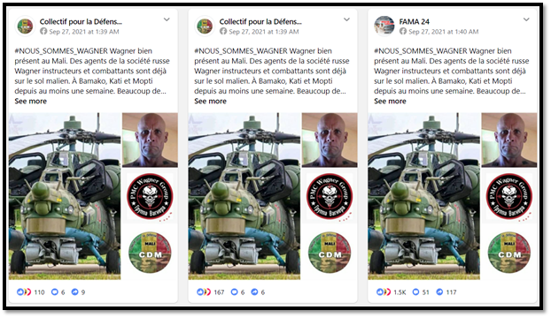 A screengrab from a CrowdTangle search for mentions of Wagner by pages in the network identified several posts claiming Wagner mercenaries and instructors were already present in Mali in September 2021.