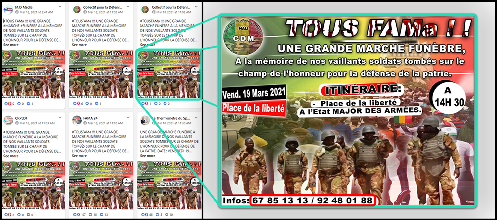 Screengrabs from a search for one of the overlapping phone numbers on CrowdTangle revealed it was used by the CDM page in March 18, 2021, to organize a memorial for FAMA soldiers. The resulting graphic was amplified by all three pages in this network that existed at that stage.