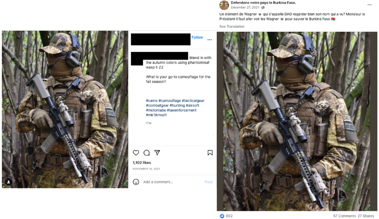 Screenshot of a Facebook post of a photo of an Airsoft enthusiast that was copied from Instagram and used to represent actual Wagner instructors.
