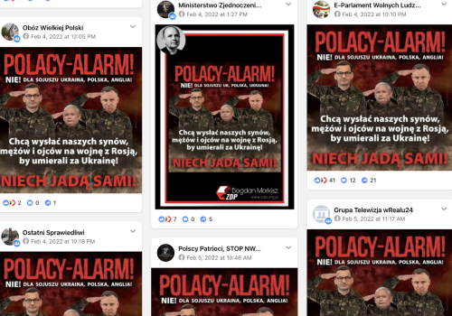 A screencap shows the spread of meme against the alliance of Poland, the United Kingdom and Ukraine in Facebook groups