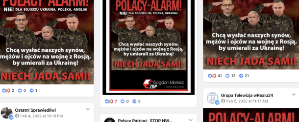 A screencap shows the spread of meme against the alliance of Poland, the United Kingdom and Ukraine in Facebook groups