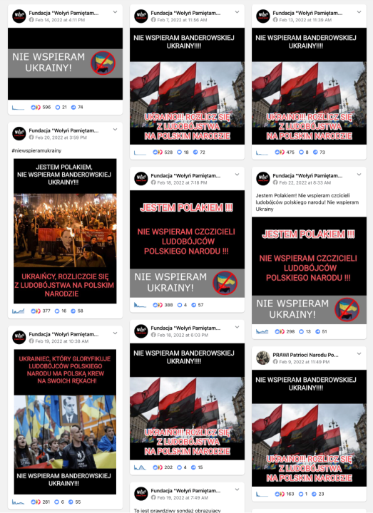 A screencap shows the spread of anti-Ukrainian memes in Facebook groups launched by We Remember Volyn Foundation