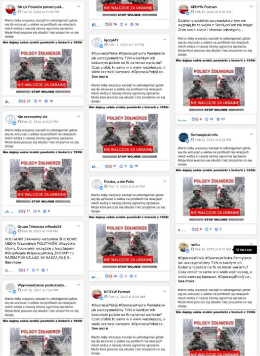A screencap shows the spread of memes asking Polish soldiers not to fight for Ukraine