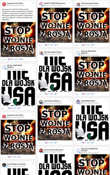 A screencap shows the spread of memes with appeals to stop the war with Russia and not to deploy the US troops in Poland.