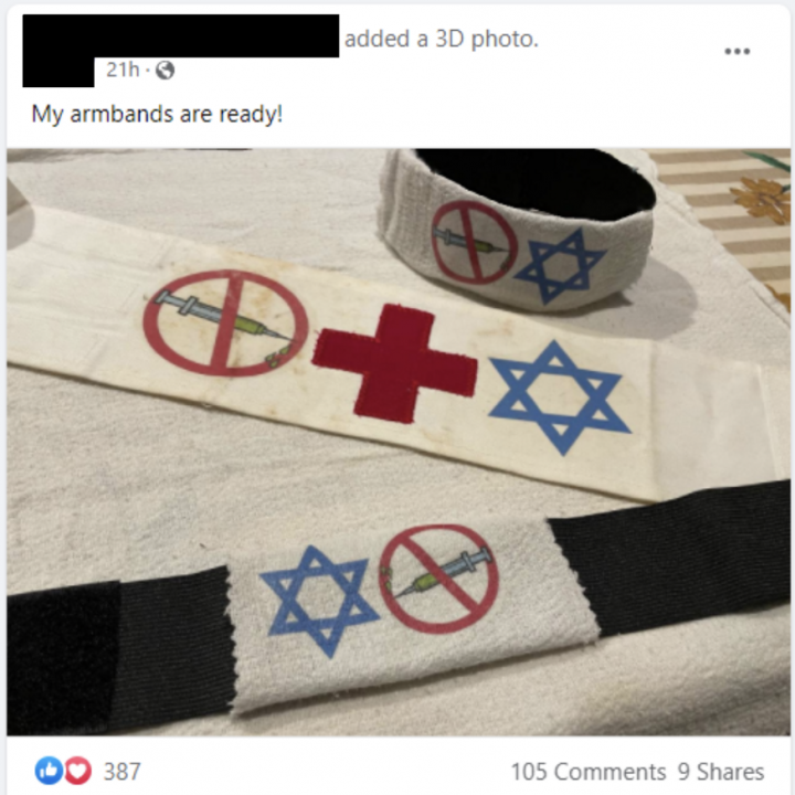 Screenshot, taken January 14, 2022, of a post in the Defeat the Mandates DC Facebook group, in which the user shared photos of anti-vaccine armbands meant to replicate armbands that Jews were forced to wear in Nazi Germany. The post no longer appears in the group. It is unclear if administrators or the user deleted the post. 