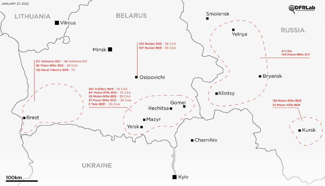 Map showing confirmed buildups in Belarus and western Russia, stretching the length of Ukraine’s northern border, as of January 27, 2022. 