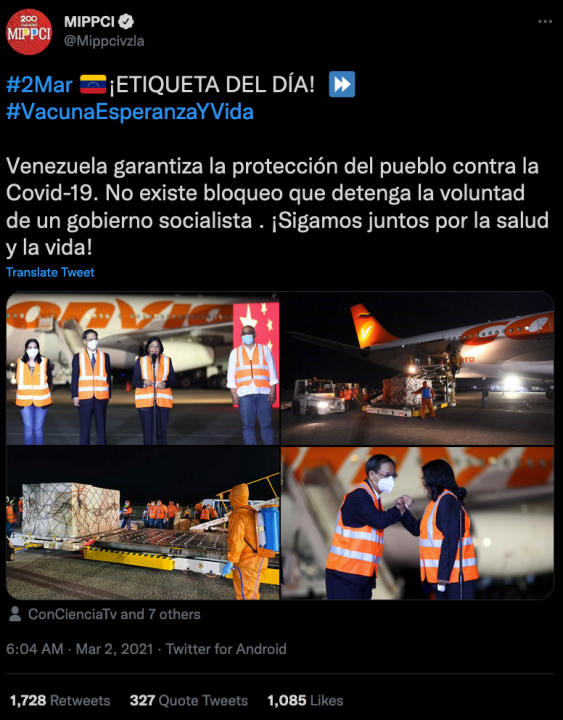 Screencap of @Mippcivzla’s post promoting #VacunaEsperanzayVida as the Etiqueta del Día and claiming that “there is no blockage that stops the will of a socialist government.” Pictures show Boarong alongside Rodriguez.