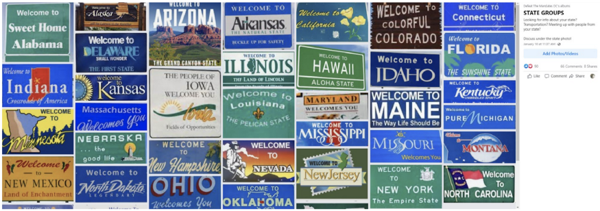 Screenshot taken January 20 of the highway signs that administrators of the Defeat the Mandates DC Facebook group created as a means of helping group members connect with others in the states of residence.