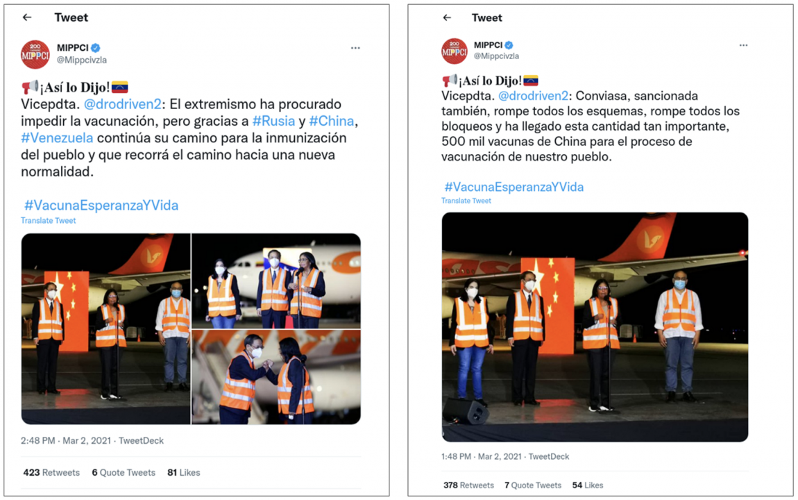 Screencaps of the two most retweeted posts from @Mippcivzla attacking US allies in Venezuela (left) and the US sanctions against the airline Conviasa (right). The posts garnered 423 and 378 retweets, respectively.