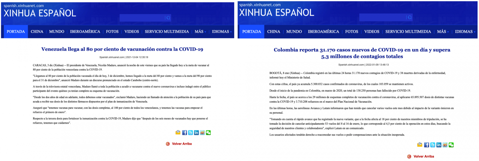 Screencaps of Xinhua Español’s coverage of Venezuela and Colombia. On the left, “Venezuela Reaches 80 percent Vaccination against COVID-19”. On the right, “Colombia reports 31,170 new COVID-19 cases in a single day and more than 5.3 million total infections.” 