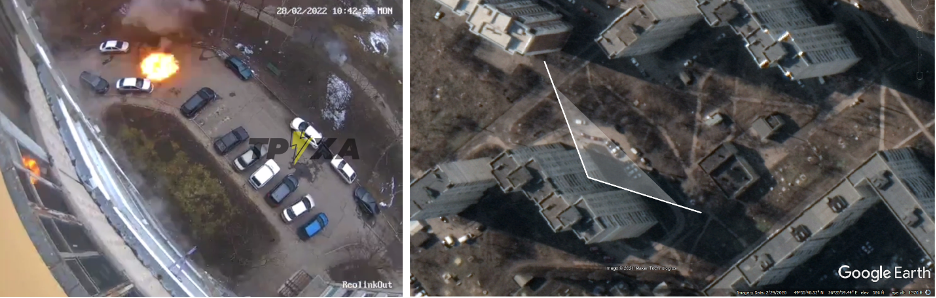 Geolocation of surveillance camera footage showing artillery attack on Horizont.