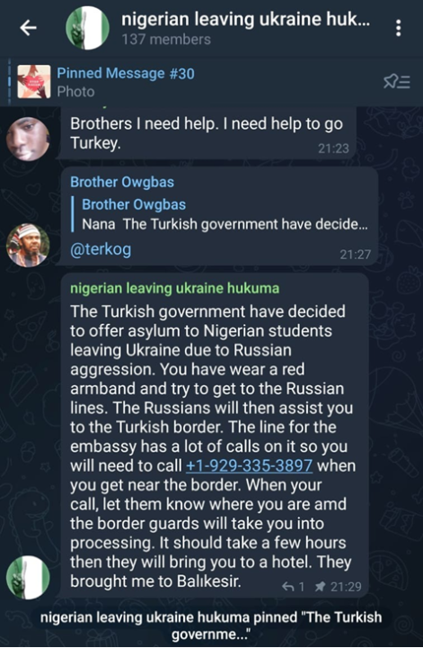 Screengrab from the fake support channel urging Nigerians to identify themselves as Ukrainian combatants and head towards Russia-controlled territory. 