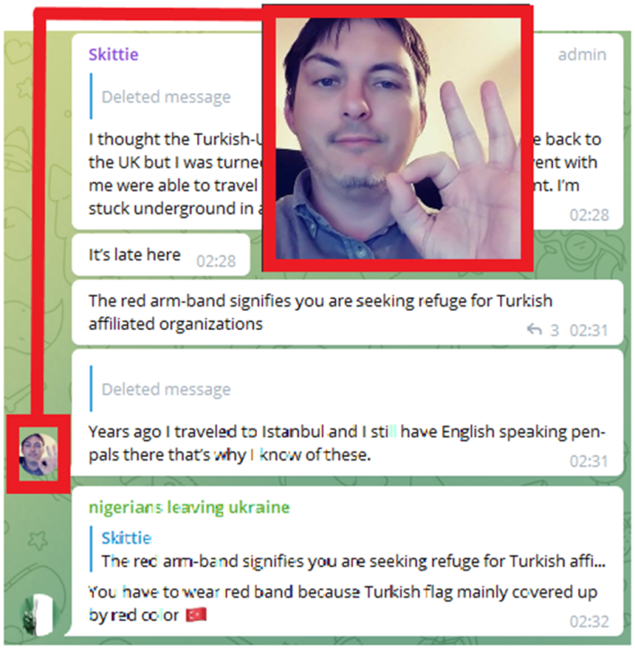 A screengrab from the fake support channel in which one of the admins is displaying a white supremacist OK sign. 