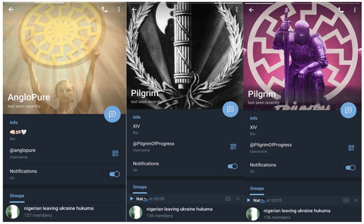 Screengrabs from the user accounts of several posters within the fake support group displaying white supremacist symbols, including the sonnenrad (left, right) and fasces (center).