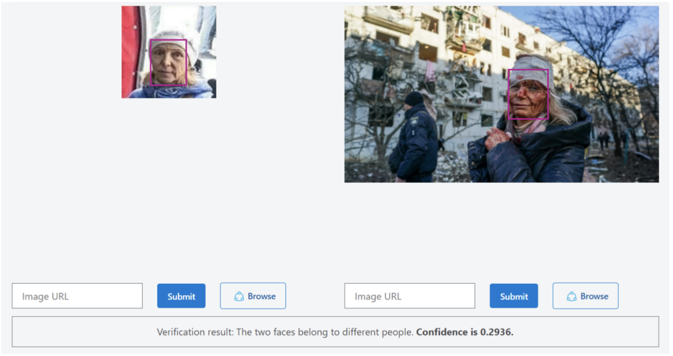 Screenshot of Microsoft Azure’s Face Verification tool, showing a low confidence score of 29 percent when comparing the photo War on Fakes says is Kurilo (left) with an original photo of Kurilo after the airstrike (right).