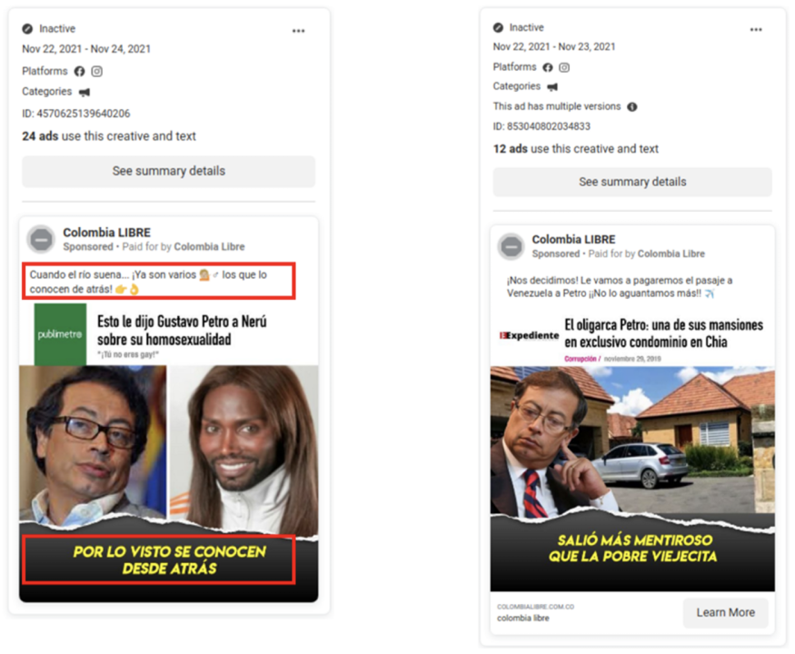 Screenshots showing two ads using headlines from websites. The ads on the left made a pun suggesting that Petro had “several” sexual relationships with men (red boxes). 