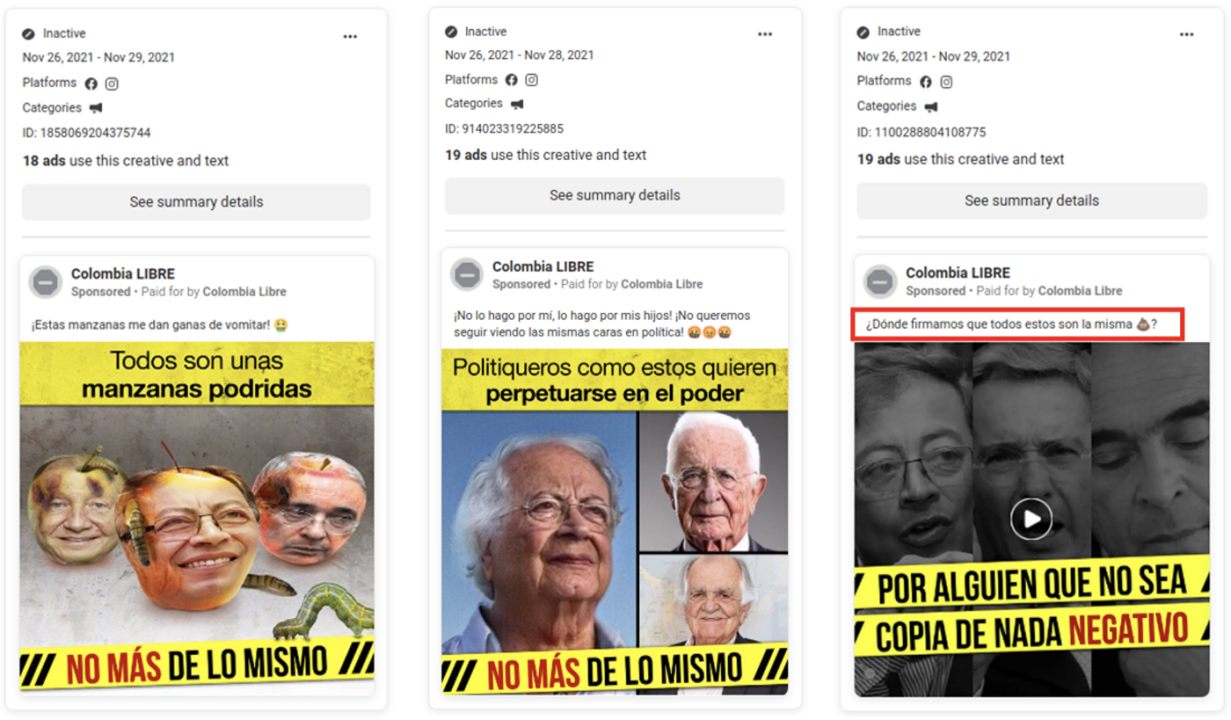 Ads posted in November 2021 described political leaders as “rotten apples” (left) and “same faces” engaged in politicking (center). The ads also used insults (red box, right).