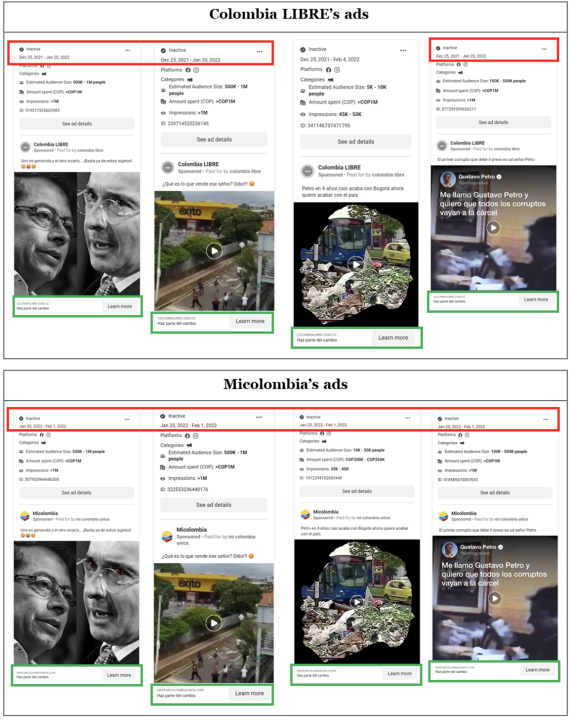 Colombia LIBRE (top box) and Micolombia (bottom box) used the same call to action in the websites linked to their ads (green boxes). Colombia LIBRE posted some of its ads between December 25, 2021, and January 20, 2022, while Micolombia started to post its ads on January 20, 2022 (red boxes).