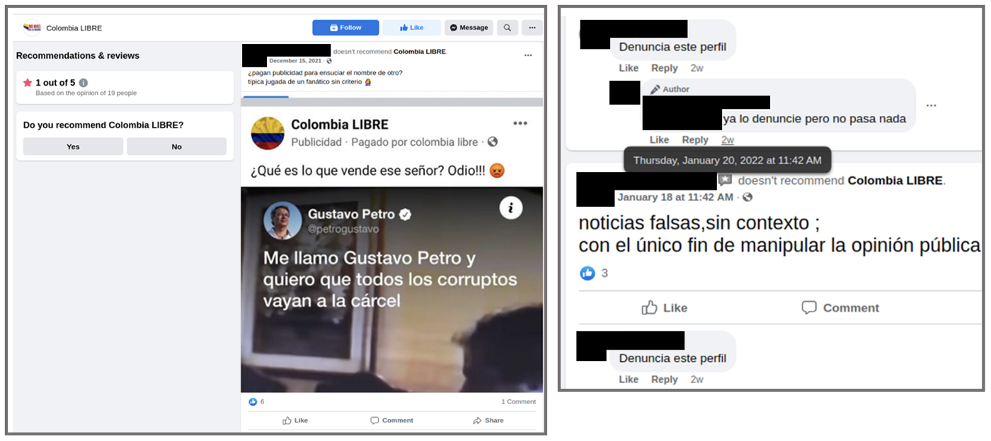 Left: Screencap of user comments in response to one of the ads posted by Colombia LIBRE. Right: Users said they denounced the Facebook page.
