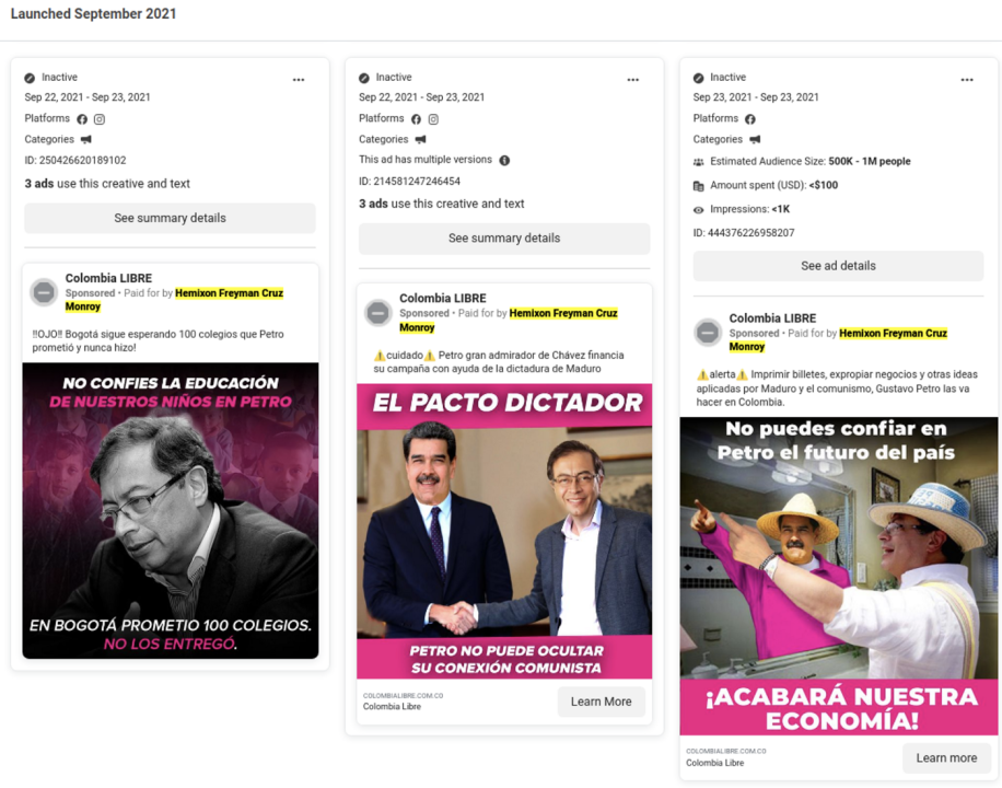 Screenshot of seven Colombia LIBRE’s ads paid for Cruz (highlighted yellow). 