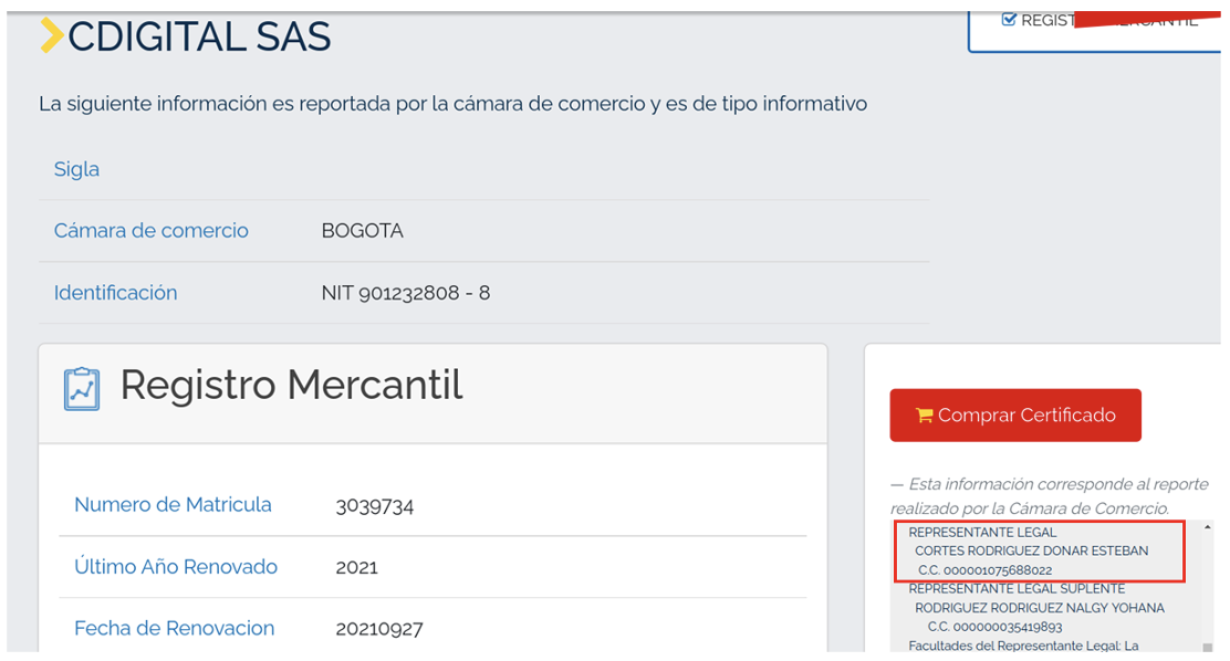 Screencap of a RUES query showing Donar Esteban Cortés Rodríguez is the legal representative of Cdigital SAS.