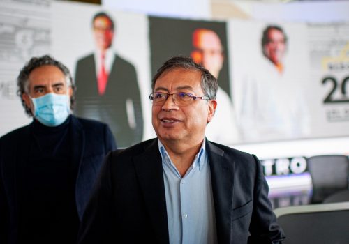 Presidential hopeful Gustavo Petro (center) at a presidential debate in Bogota, January 27, 2022. Petro was targeted in the Facebook Ads campaign.