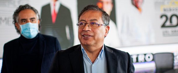 Presidential hopeful Gustavo Petro (center) at a presidential debate in Bogota, January 27, 2022. Petro was targeted in the Facebook Ads campaign.