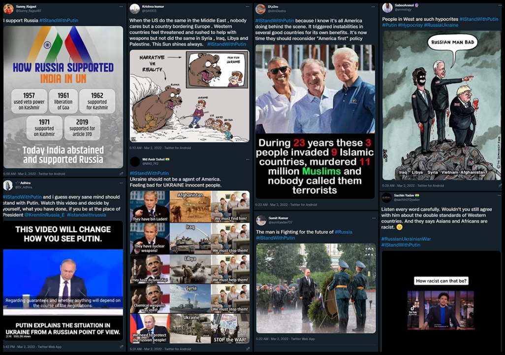 Screengrabs from a selection of eight of the twelve most-viral posts using the #istandwithputin hashtag. All twelve of the most-viral tweets shared the same elements: the hashtag, some text, and a video or image file.
