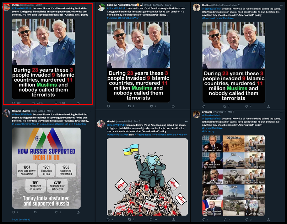 Screengrabs from several accounts using identical text and similar images. The tweets on top copied both text and media from the original poster (in red) while the tweets on the bottom reused media from other viral tweets while keeping the text.