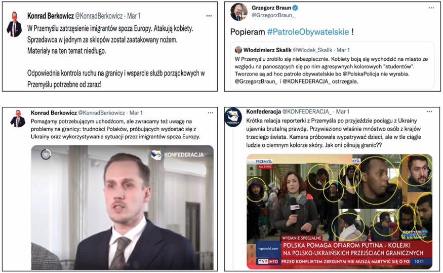 Screenshots show leaders of the Confederation party amplified false claims about “non-Ukrainian migrants” entering Poland from Ukraine. 