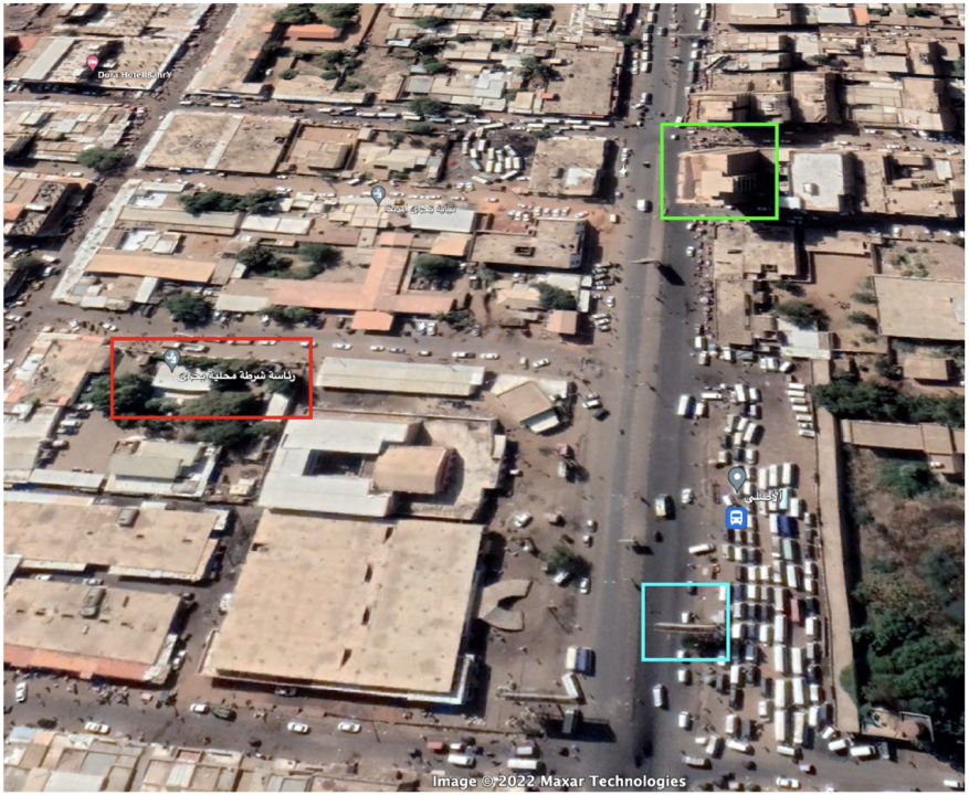 The Bahri Local Police Headquarters (red) was approximately 217m from where a protester was run over on February 20. 