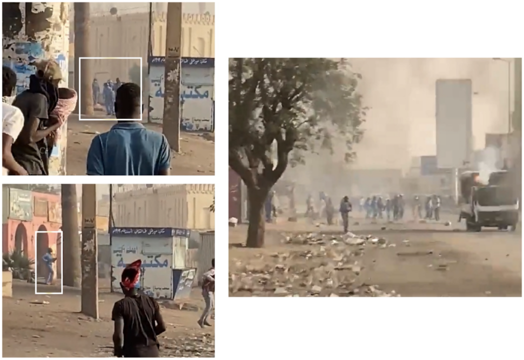 Hastily taken video footage shows men in dark blue camouflage uniforms (left), and a row of uniformed personnel next to an unmarked vehicle in the process of firing tear gas at protesters (right).