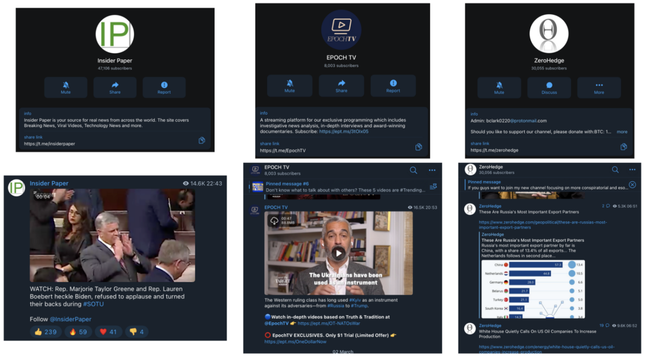 Screencap of three popular news channels feeds on Telegram. (Source: @insiderpaper/archive, left; EpochTV/archive, center; ZeroHedge/archive, right)