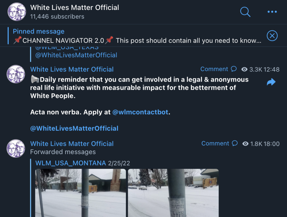 Screencap of a February 25, 2022, post to the @WhiteLivesMatterOfficial Telegram channel with a reminder of their contact bot for new recruits. (Source: @WhiteLivesMatterOfficial/archive)