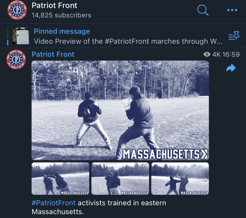 Screencap of a February 17, 2022, post to the @PatriotFrontUpdates Telegram channel, showing photos of people training in hand-to-hand combat. The channel consistently posts pictures of their personal combat trainings. (Source: @PatriotFrontUpdates/archive)