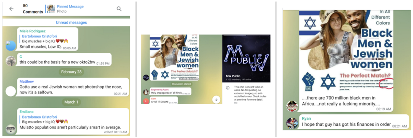 Screencaps of comments replying to a post to Telegram channel @MillenialWoes, showing obviously racist and antisemitic content. The posts were all made between February 26 and March 1, 2022. (Source: @MillenialWoes/archive)