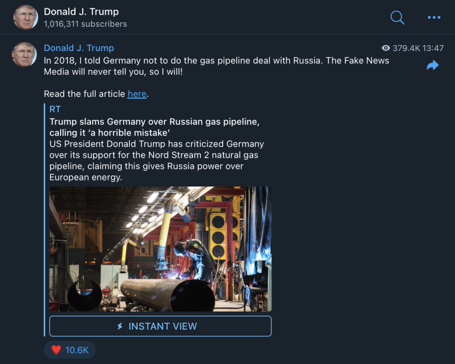 Screencap of a February 22, 2022, post to the real_DonaldJTrump Telegram channel, when the invasion of Ukraine was imminent. The link was to a 2018 piece in RT News. (Source: @real_DonaldJTrump/archive)