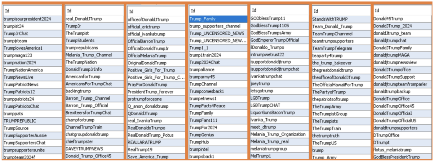 Table showing a sample of the 154 Telegram channels that use “Trump” in their handle included in the dataset. (Source: Iria Puyosa/DFRLab)
