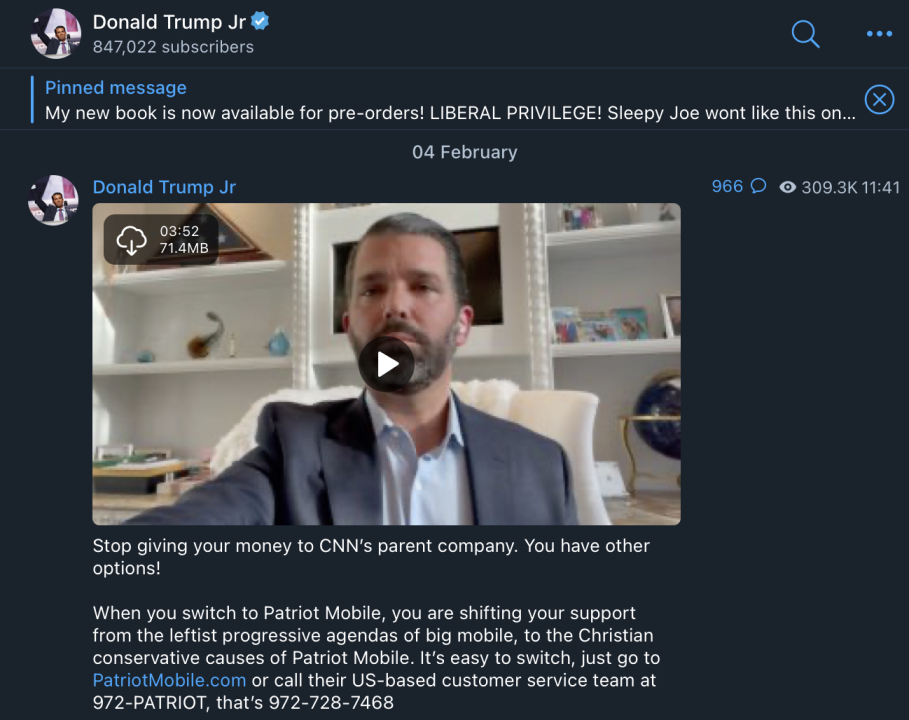 Screencap of a February 2, 2022, post to the @TrumpJr Telegram channel that advertises a “Christian conservative” mobile phone carrier. (Source: @TrumpJr/archive)
