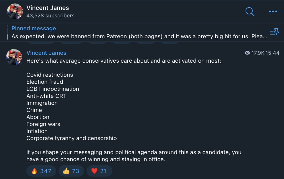 Screencap of a February 16, 2022, post to the @RealVincentJames Telegram channel listing priority conservative issues. (Source: @RealVincentJames/archive)