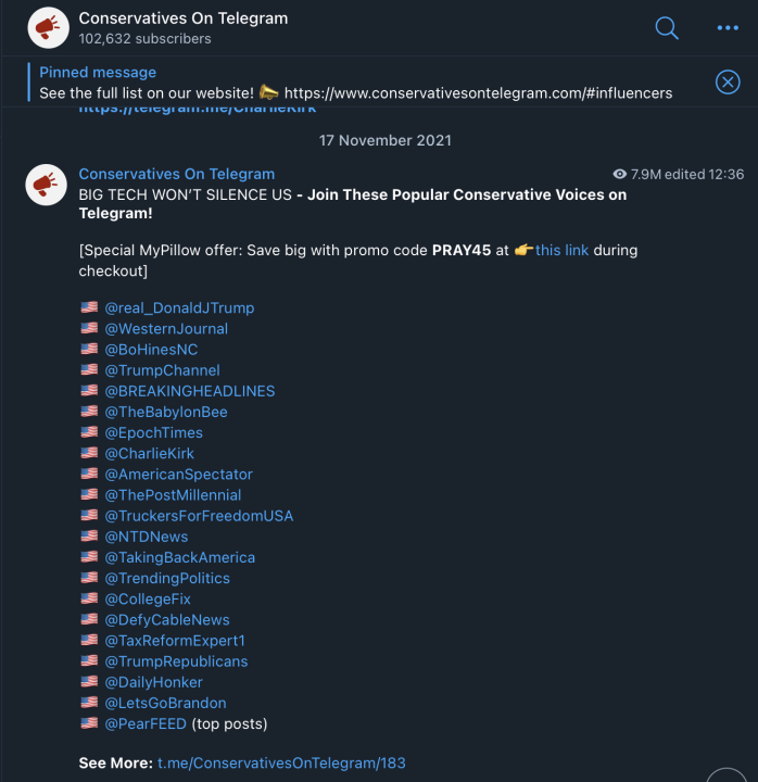 Screencap of a November 17, 2021, post to the @ConservativesOnTelegram channel in which it posted links to channels registered in their directory. (Source: @ConservativesOnTelegram/archive)