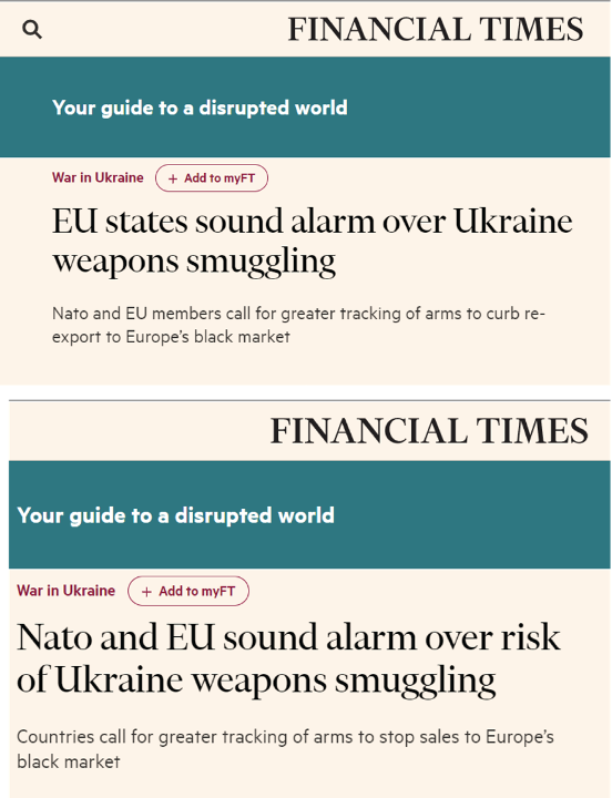 Screenshots compare the Financial Times original (top) and edited (bottom) headlines. (Sources: Financial Times/archive, top; Financial Times/archive, bottom)